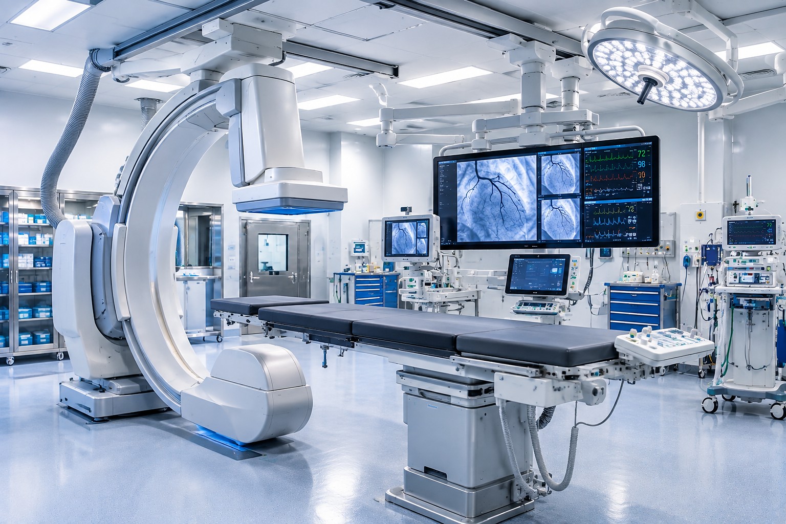 Sala operatoria ibrida con arco angiografico e monitor di sala